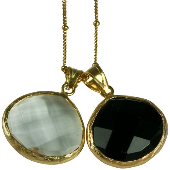 3PCS-BLACK & CLEAR CRYSTAL QUARTZ PENDANTS WITH GOLD BALL CHAIN NECKLACE - Picture 1 of 4